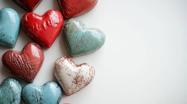 Beyaz arkaplanda çeşitli renklerde seramik kalpler büyüleyici bir görüntü oluşturur