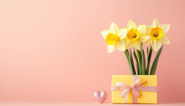 Pastel renkte, hediye kutusu ve kalp süslemesi olan parlak bir nergis.