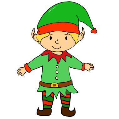 Sivri kulaklı ve kırmızı-yeşil kıyafetli küçük bir elf. Koyu kahverengi ayakkabılar var..