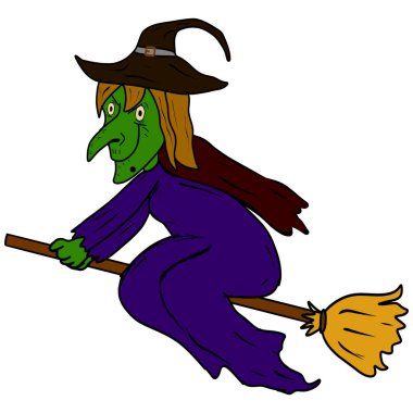 Cadılar Bayramı 'nda süpürgeye binen cadı beyaz bir arka plana yerleştirilir.