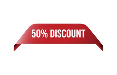 Beyaz arka planda% 50 indirimli kırmızı pankart.