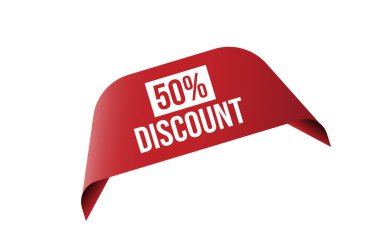 % 50 indirimli kırmızı kurdele etiket pankartı.