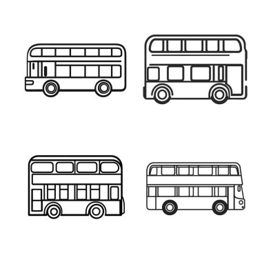 Göstergeleri şeffaf arkaplan üzerinde dört siyah hatlı çift katlı bus resimlerini ayarla, farklı uygulamalar için çeşitli minimal, ayrıntılı tasarımlar sunar.