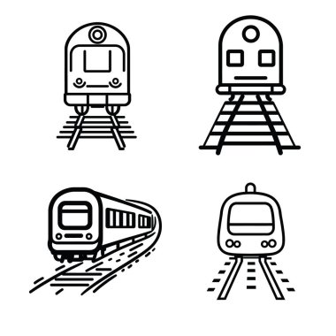 Siyah hatlı dört minimalist tren ikonunun özellikleri. Çeşitli açıları gösterir ve şeffaf arkaplanda izole edilir, tasarım için idealdir.