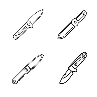 Çeşitli yaratıcı uygulamalar için şeffaf bir arkaplan karşısında minimalist bir sanat tarzında sergilenen çeşitli katlama bıçakları.