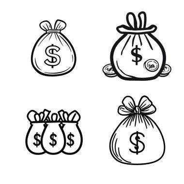 Bu resimde her birinde bir dolar işareti olan ana hatlı para çantası simgeleri var. El çizimi biçim ve şeffaf arkaplan çok yönlü hale getirir.