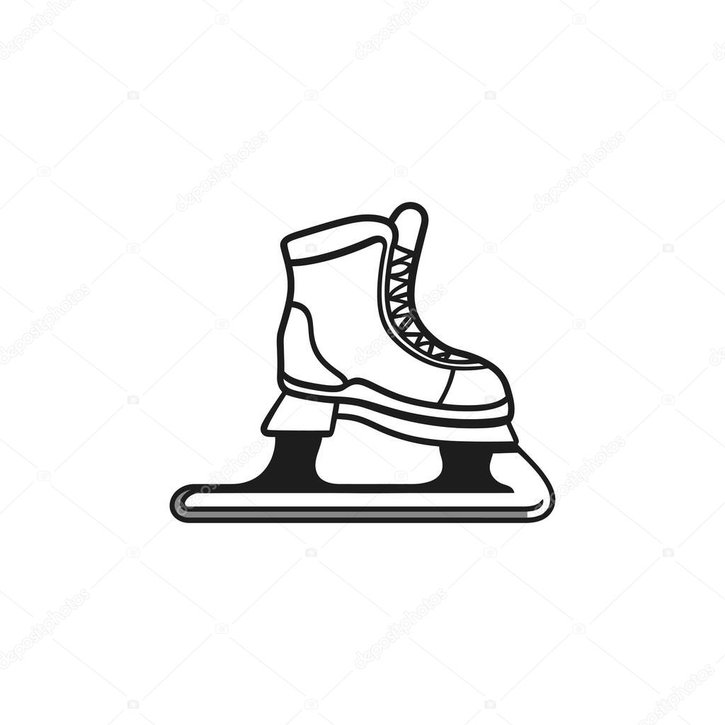 Features a detailed white and black outline of an ice skate with laces. The blade shows a gray line. Set against a clean white background.