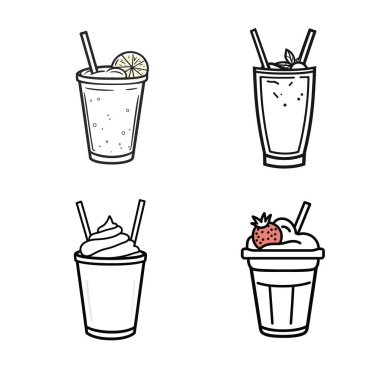 Limonlu içecek, çilekli süt, kremalı süt ve samanla meyve suyu çizimleri gösteriyor. şeffaf arkaplan