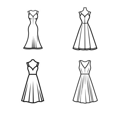Değişik stiller, kolsuz tasarımlar ve şeffaf bir arkaplanda sergilenen çizilmiş resimlerden oluşan bir taslak. Minimalist estetik çok yönlülüğü artırır.