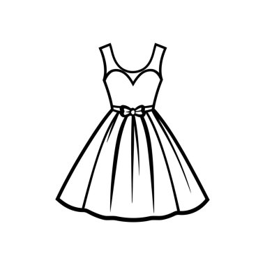 Belinde fiyonk olan kolsuz bir elbise, şeffaf bir arkaplanda temiz çizgili bir simge olarak sunuluyor. Görüntü minimalist moda tasarımına odaklanıyor..