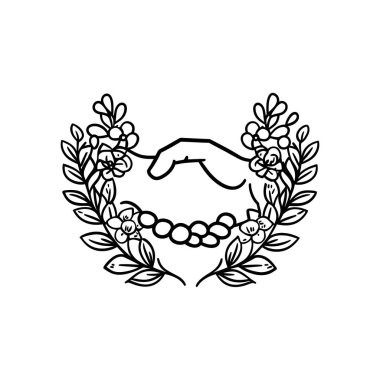 Çeşitli tasarım projeleri için ideal, şeffaf bir zemin üzerinde çiçek sarmaşıkları ve dairesel elementlerle çevrili bir el sıkışması içeren basit bir taslak sanatı tasvir eder.