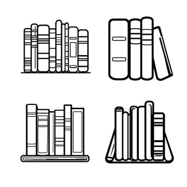 Dört minimalist kitap rafı tasarımı, saydam bir arkaplan üzerine kurulmuş, temiz, çizgi şeklinde yapılmış çeşitli kitaplar..