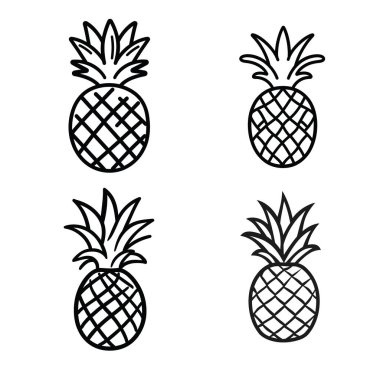 Tasarım esnekliği için şeffaf bir zemin üzerinde sunulan siyah ana hatlı bir stil kullanılarak çeşitli taç şekillerine sahip dört ananas çizimini gösterir.