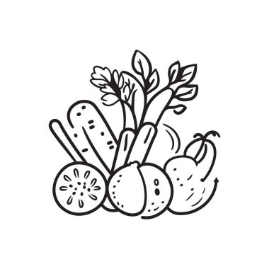 Çeşitli taze sebzelerin çizgi çizimi. İçinde salatalık, kereviz, limon, armut, biber var. Siyah hatlar ve çok yönlü tasarım için minimalist.