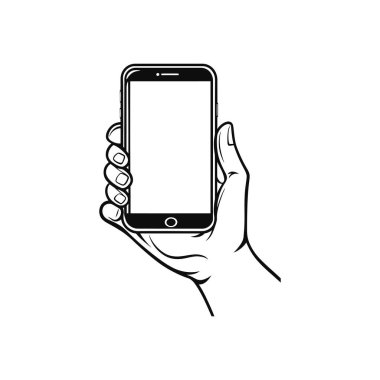 Bu minimalist illüstrasyon, çeşitli tasarım projeleri için ideal şeffaf bir arka planda, bir akıllı telefonu temiz bir ana hatlı şekilde tutan bir eli gösteriyor..