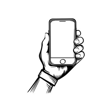 Modern bir telefon modeli tutan grafiksel bir insan eli. Şeffaf bir arkaplan üzerinde izole, çeşitli tasarımlar üzerine kolayca örtülmesi için ideal.