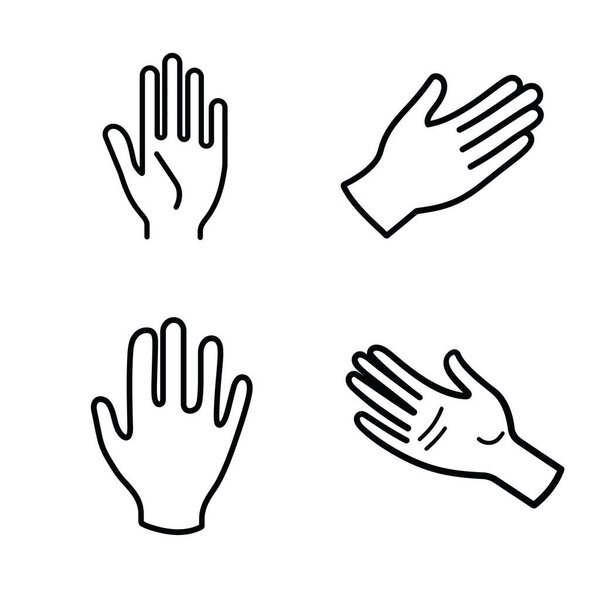 Имеет четыре иконки рук в черном цвете с вытянутыми пальцами. Дизайн показывает различные жесты рук, изолированные на прозрачном заднем плане.
