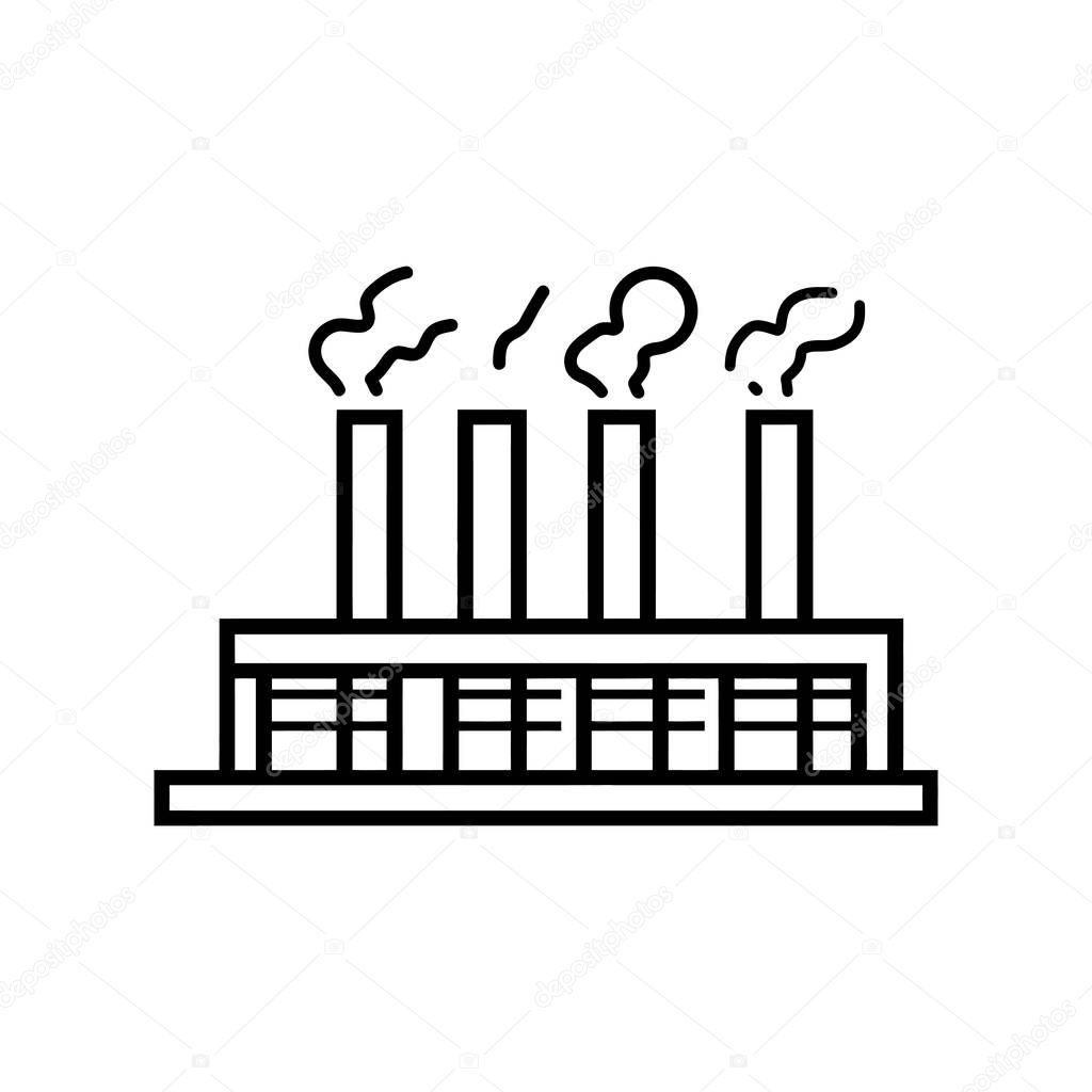 Features a simple, line-art style illustration of an industrial building, complete with chimneys emitting smoke, all set against a transparent background.