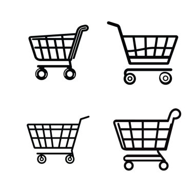 Dört adet alışveriş arabası ikonu var. Minimalist taslak tarzında dizayn edilen her el arabasının ince varyasyonları vardır. Hepsi şeffaf bir arkaplan karşısında ayarlandı.