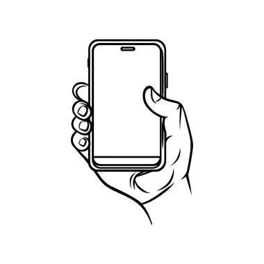 Çizgi çizimi akıllı telefonu tutan bir insan eli içeriyor. Şeffaf arkaplan karşısında minimalizmin ve temiz tasarımın vurgulandığı ana hatları gösterir.
