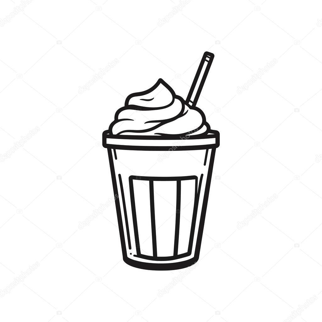 Smoothie cup featuring cream topping and straw, in a clean, bold outline style, set against a transparent background. Ideal for design elements.