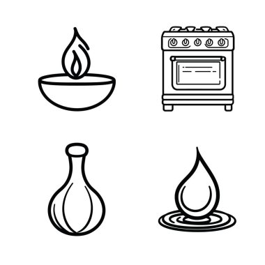 Bir mum alevi, bir mutfak ocağı, parlak bir vazo ve bir su damlası içeren minimalist çizgi simgelerini sunar..