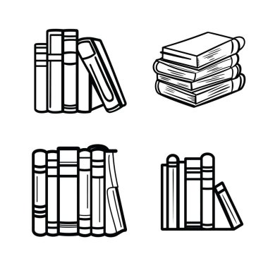Çeşitli kitap düzenlemeleri; istiflenmiş kitaplar, yığınlar ve ayakta duran satırlar. Şeffaf arkaplan üzerindeki çizgi sanatı grafiği çok yönlü bütünleşme sunar.