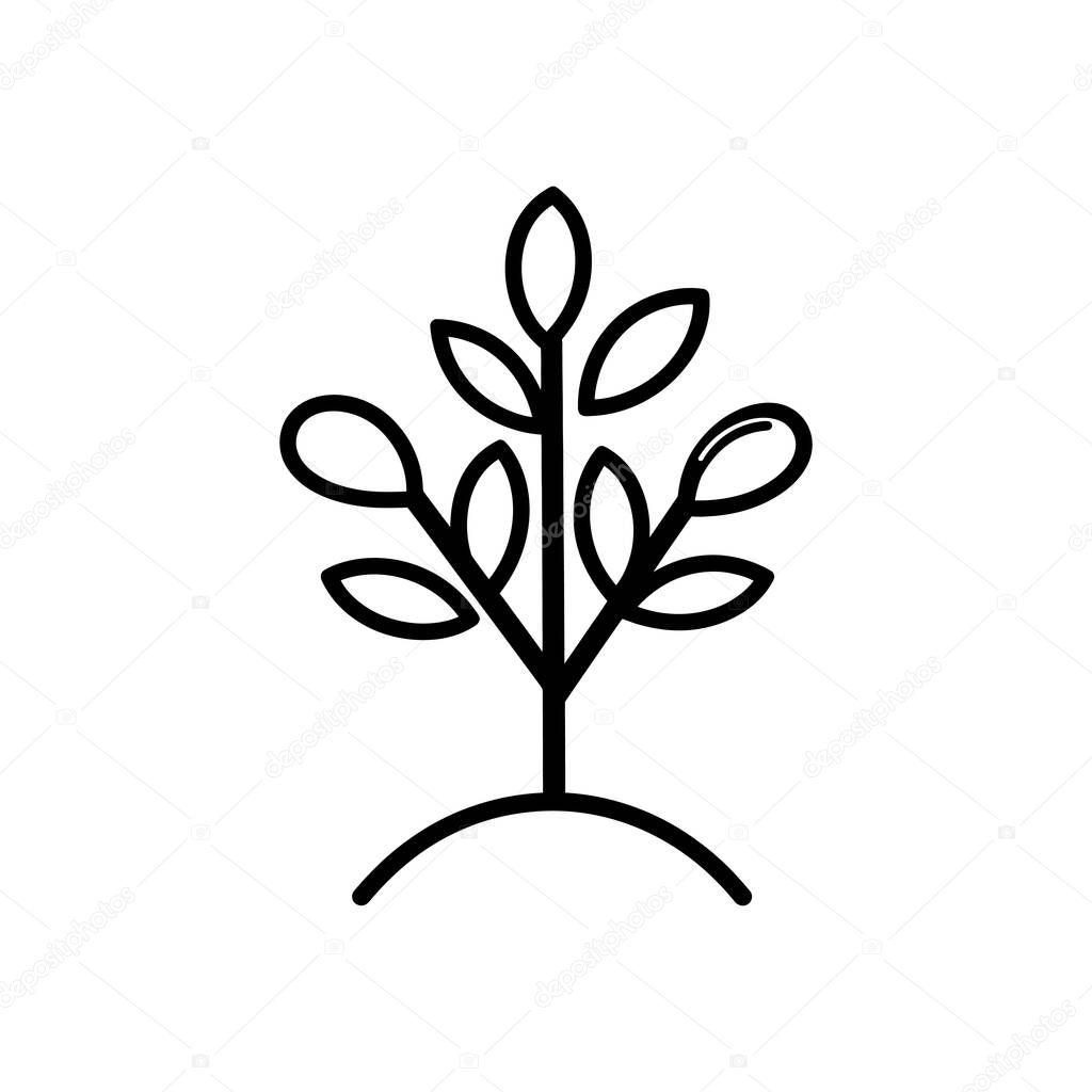 Features a minimalist tree icon with rounded leaves, standing on a mound, all in a simple, clean line art style against a transparent backdrop.