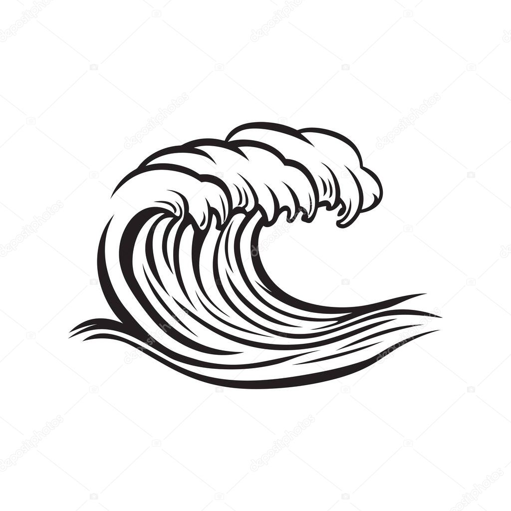 Illustration showcases a stylized ocean wave in monochrome, featuring a bold design with dynamic lines and a white backdrop. Simple and striking design.