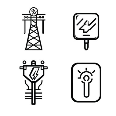 Şeffaf bir arkaplanda elektrikle ilgili dört simge izole edilmiş. Bir elektrik hattı kulesi, bir elektrik prizi, bir anahtar ve bir ampul de dahil..