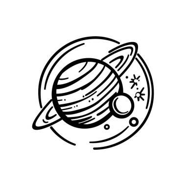 Şeffaf uzayda yüzen ay ve yıldızlı halkalı bir gezegen vektör simgesi. Astronomi, bilim ve uzay keşfi temalı tasarımlar için harika..