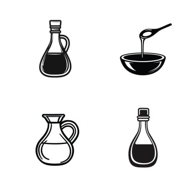 Taslak şişeler, sıvı ve bir kaşık dolusu sıvı içeren koleksiyon. Basit şekiller, minimalist bir tasarımda sıvı veya malzeme kaplarını gösterir.