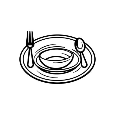 Bir yemek takımının minimalist bir taslağı. Tabak, çatal ve kaşık, hepsi siyah, beyaz bir zemine karşı, temiz bir grafik sunuyor..