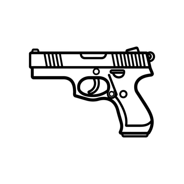 Features a bold, isolated line art illustration of a pistol. The handgun is designed with strong outlines on a transparent background, showcasing a modern and simple icon.
