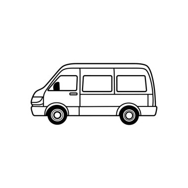 Minimalist bir minibüs tasviri, temiz siyah beyaz bir resimle sunuluyor. Şeffaf bir arkaplanda izole edilmiş, basit bir araç çizimi..