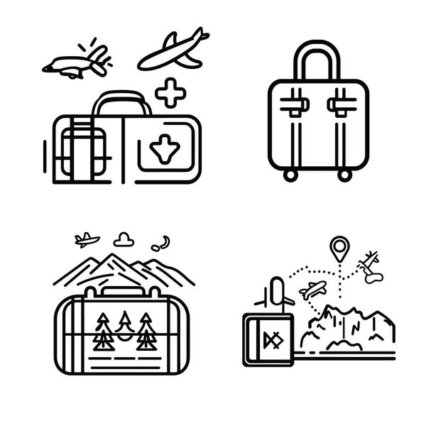 Особенности концепции путешествия иконки, показывающие самолет, аптечку, багаж, горы, деревья, и маршрут путешествия в подробном линейном стиле на прозрачном фоне.