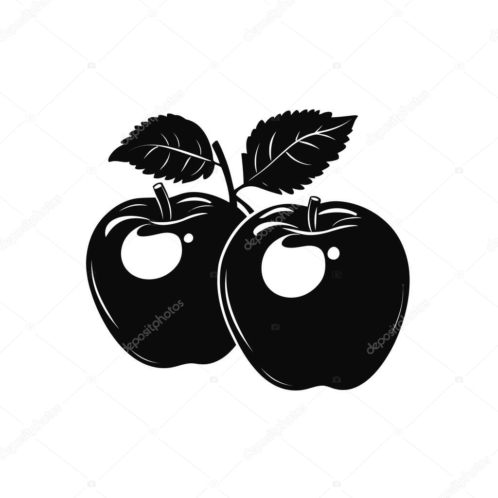 Presents a clean, stylized illustration of two apples adorned with leaves, isolated on a transparent background, evoking simplicity, freshness, and icon-like appeal.