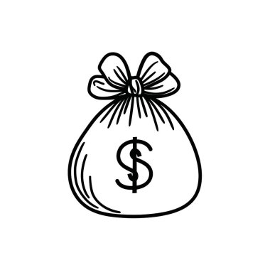 İzole para çantası simgesi siyah çizgiler ile çizilir, açık bir dolar işareti ve şeffaf bir arkaplan üzerinde düğüm şeklinde bir üst gösterilir.