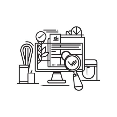Bir yemek malzemesi web sayfasını gösteren bir bilgisayar ekranının ayrıntılı çizgi vektör sanatı, bir çırpıcı, bir stand mikser ve onay işaretini gösteren bir büyüteç eşliğinde..