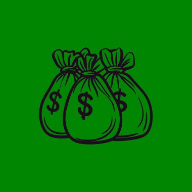 Bu vektör görüntüde her biri bir dolar işaretiyle süslenmiş üç para torbası var. Koyu siyah çizgilerle çizilmiş poşetlerde elle çizilmiş bir his var. Basitliği yansıtıyor. Şeffaf arkaplan.