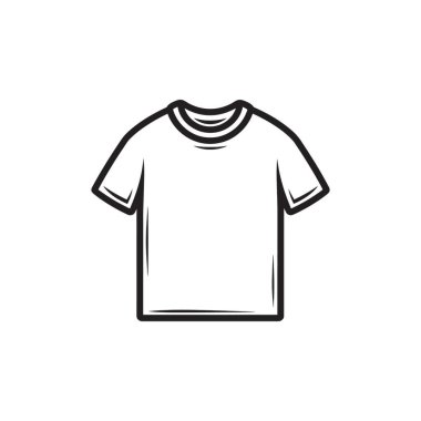 Asgari bir vektör, temiz, koyu siyah çizgileri olan ve giyim veya tarzla ilgili içerik için net ve çok yönlü bir resim oluşturan basit bir boş t-shirt tasarımı gösterir..