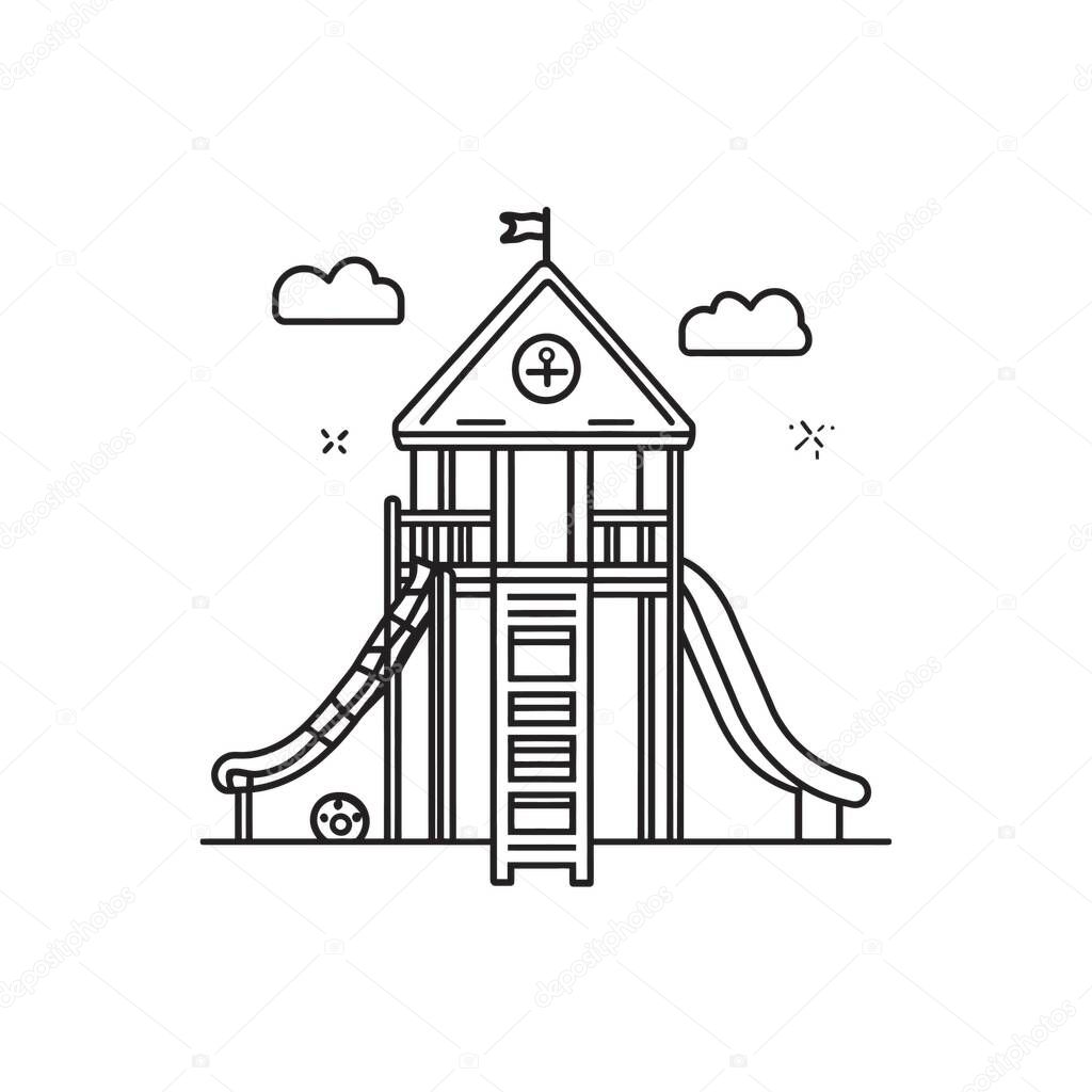 Outlined playground structure features a house with a flag on the roof, slides on either side, and a ladder, creating a minimalist children's play area. This design incorporates cloud icons.