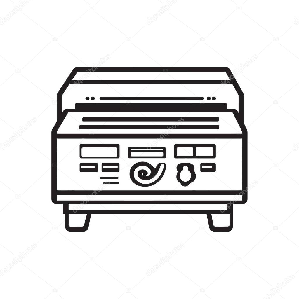 Line art illustration exhibits a food warmer with a black outline, which is depicted with precision and detail; the illustration is set against a crisp white backdrop.