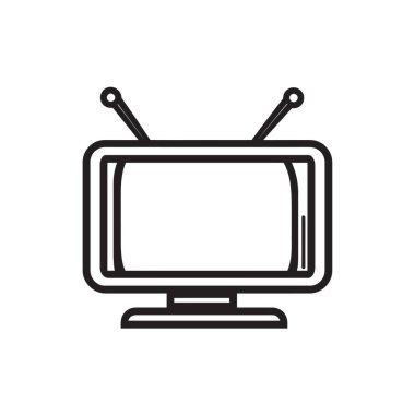 Beyaz bir arkaplanda izole edilmiş, parlak siyah beyaz bir çizgi, eski bir televizyonu tasvir ediyor. Tavşan kulağı antenli ve sağlam bir temeli var, nostalji çağrıştırıyor..