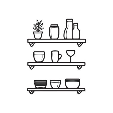 Minimalist taslak raflar ortak mutfak malzemeleriyle sergileniyor. Her rafta saksı bitkisi, kavanoz, bardak ve kase gibi farklı eşyalar var. Dekorasyon temaları için harika.