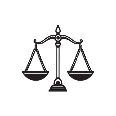 Karmaşık bir siyah-beyaz vektör çizimi, şeffaf bir zemin üzerine kurulmuş ayrıntılı zincirlerden sallanan kaselerle klasik bir adalet ölçeği yakalıyor..