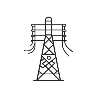Siyah ana hatlı güç iletim kulesinin vektör görüntüsü yapının bağlantısını ve elektrik kablolarını gösteriyor, temiz beyaz zemin üzerindeki enerji dağılımını vurguluyor.