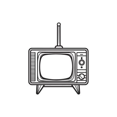 Özenle özetlenmiş, anten, düğme ve dahili ekran çerçeveli retro televizyon setini gösteriyor. Şeffaf bir geçmişi olan klasik bir eğlence estetiği sunar..