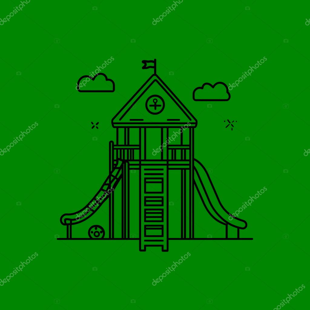 Outlined playground structure features a house with a flag on the roof, slides on either side, and a ladder, creating a minimalist children's play area. This design incorporates cloud icons.