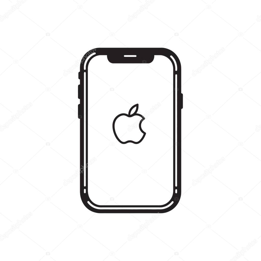 A modern mobile phone sketch features a minimalist black and white design, showcasing an apple logo, ideal for technology or branding themes with transparent backdrop.